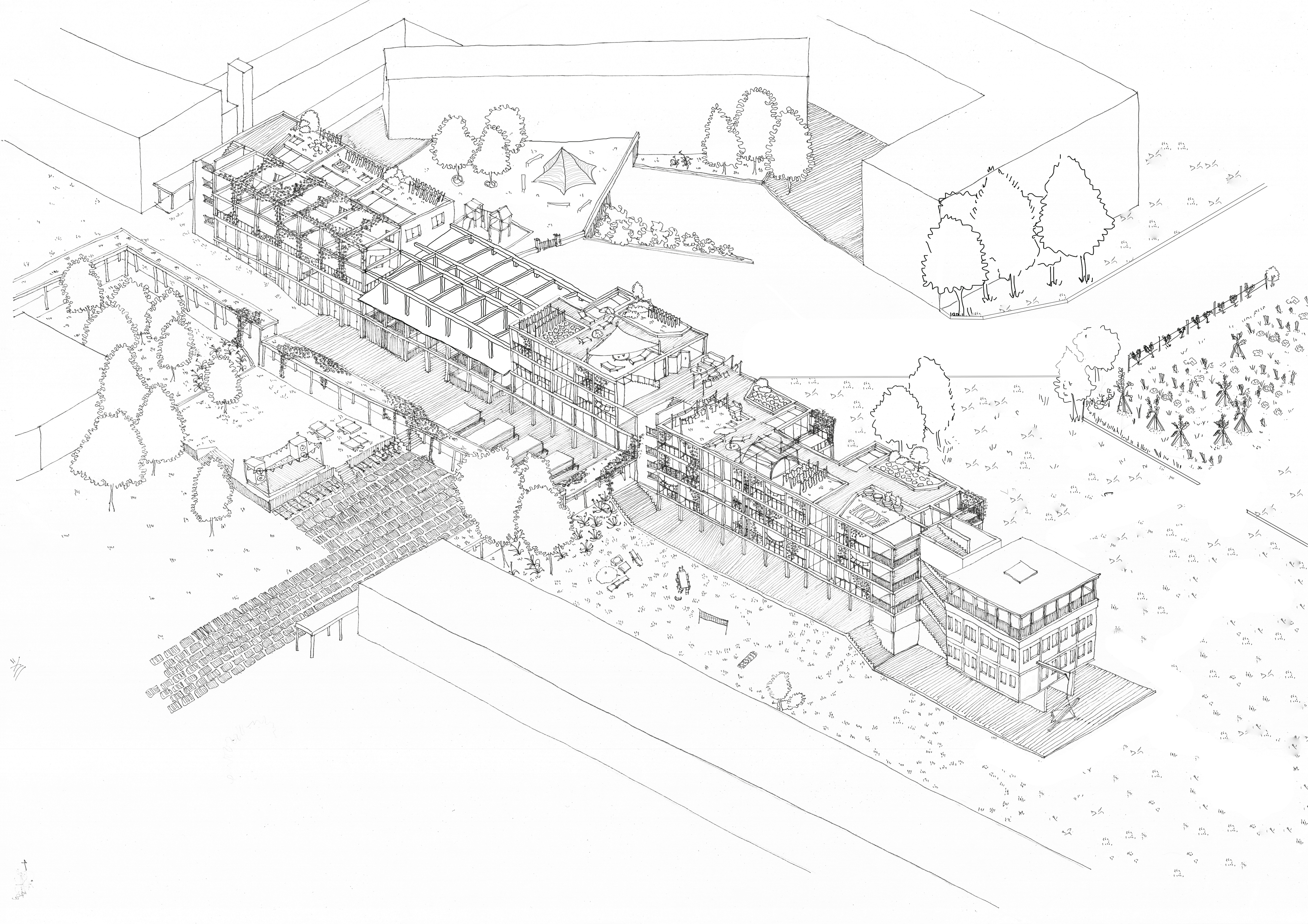 Franc de pied | axonométrie utopique du Campus de Beaulieu, Rennes